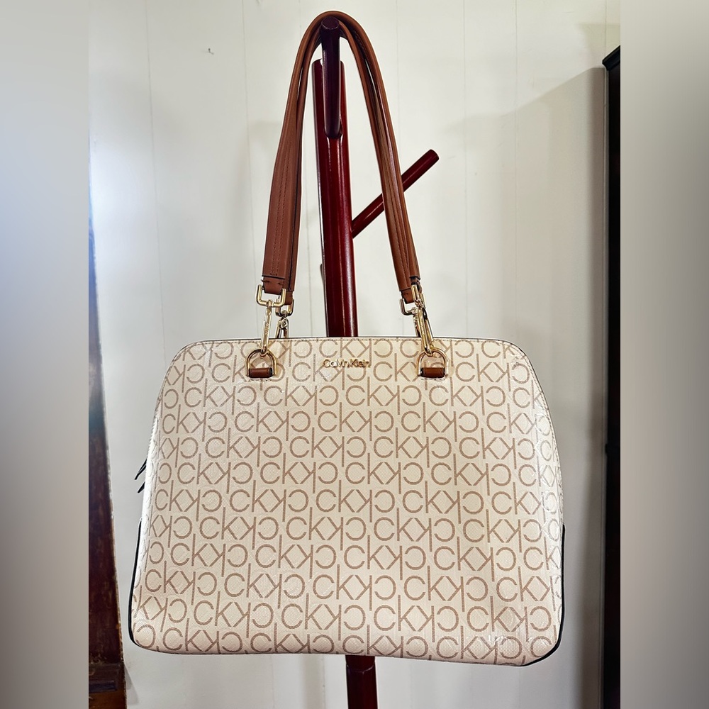 Calvin Klein Lucy Triple Compartment Tote, Almond/Taupe/Caramel Embossed